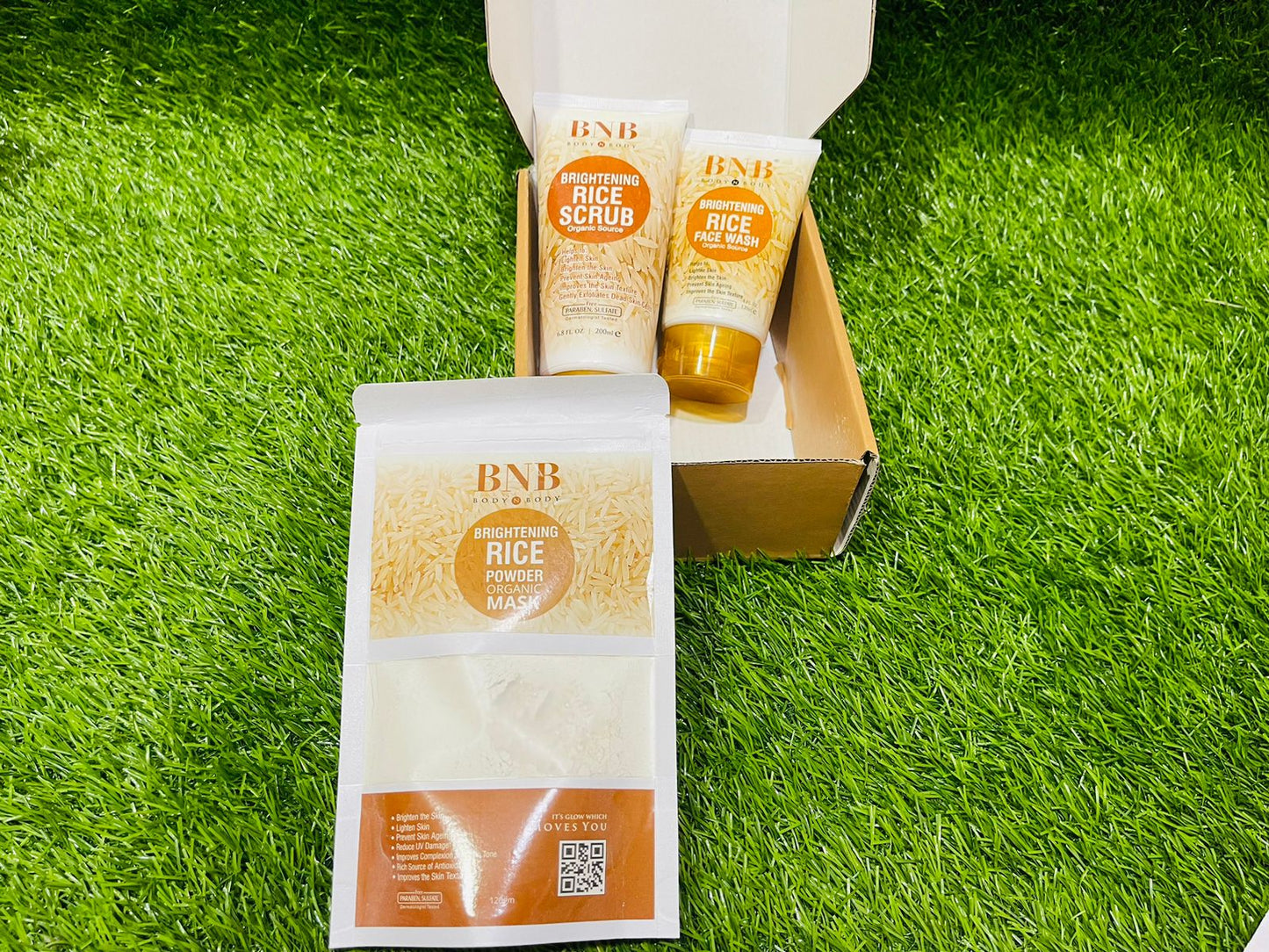 BNB 3 In 1 Rice Extract & Glow Kit ~ Rice Face Wash + Rice Scrub + Rice Face Mask